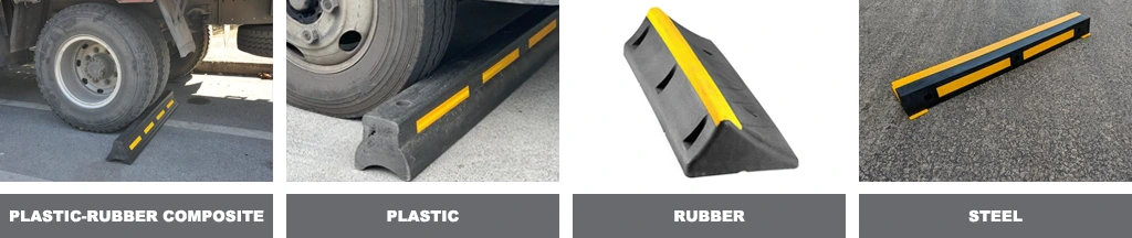 A Plastic-Rubber composite HGV wheel stop, a plastic truck wheel stop, a rubber heavy-duty wheel stop, and a steel HGV wheel stop.