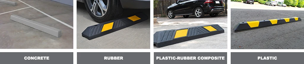 Concrete wheel stops, a black rubber wheel stop with yellow reflective films, a black and yellow plastic-rubber composite wheel stop, and a black and yellow plastic parking stop.