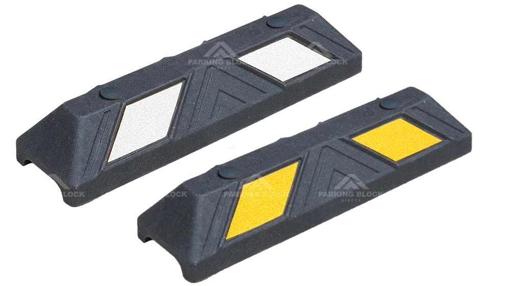 Two black wheel stops made of Plastic-Rubber composite, one with white reflective films, and the other with yellow reflective films.