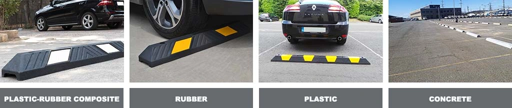 A black and white plastic-rubber composite wheel stop, a black rubber parking block with yellow reflective films, a black and yellow plastic parking stop, and concrete parking blocks.