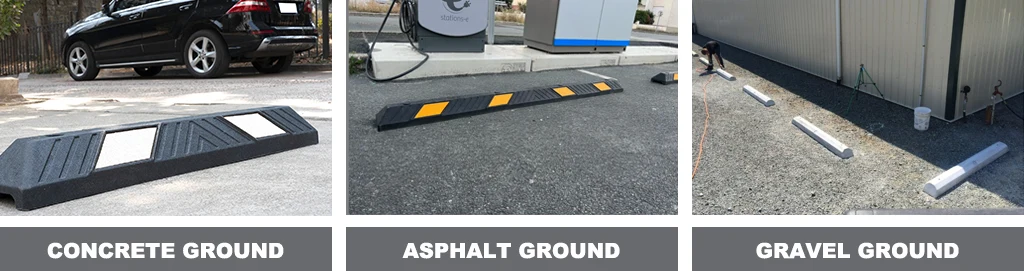 A Plastic-Rubber composite parking block installed on the concrete ground, black and yellow wheel stops installed on the asphalt ground, and concrete wheel stops installed on the gravel ground.